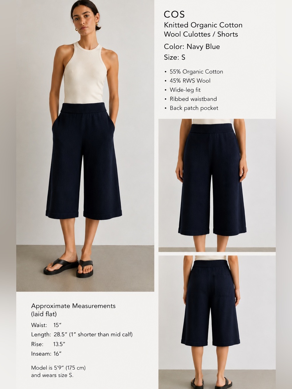 COS Knitted Organic Cotton Wool Crop Pull On Culottes Navy Blue Size S